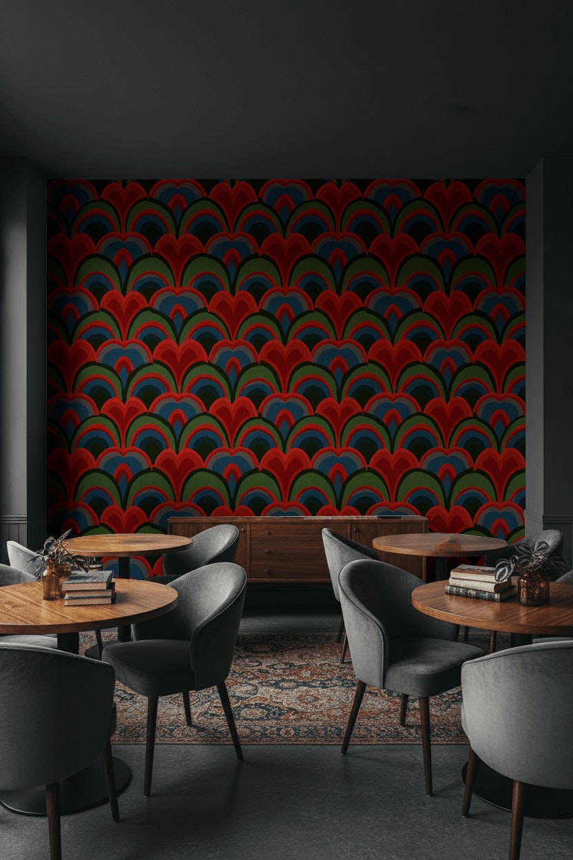 Art Deco Geometrik Duvar Kağıdı Kırmızı Yeşil Desen Salon