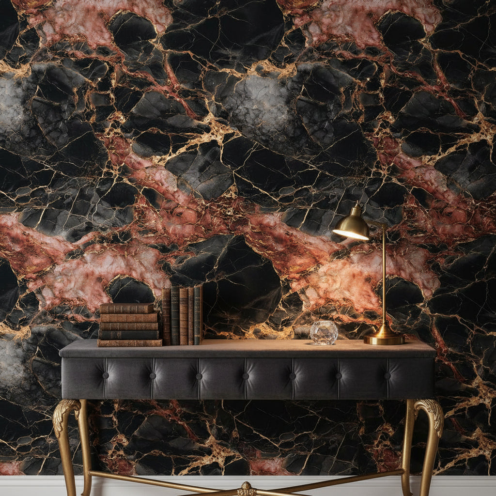 Siyah Mermer Desenli Duvar Kağıdı Altın Damarlı Salon