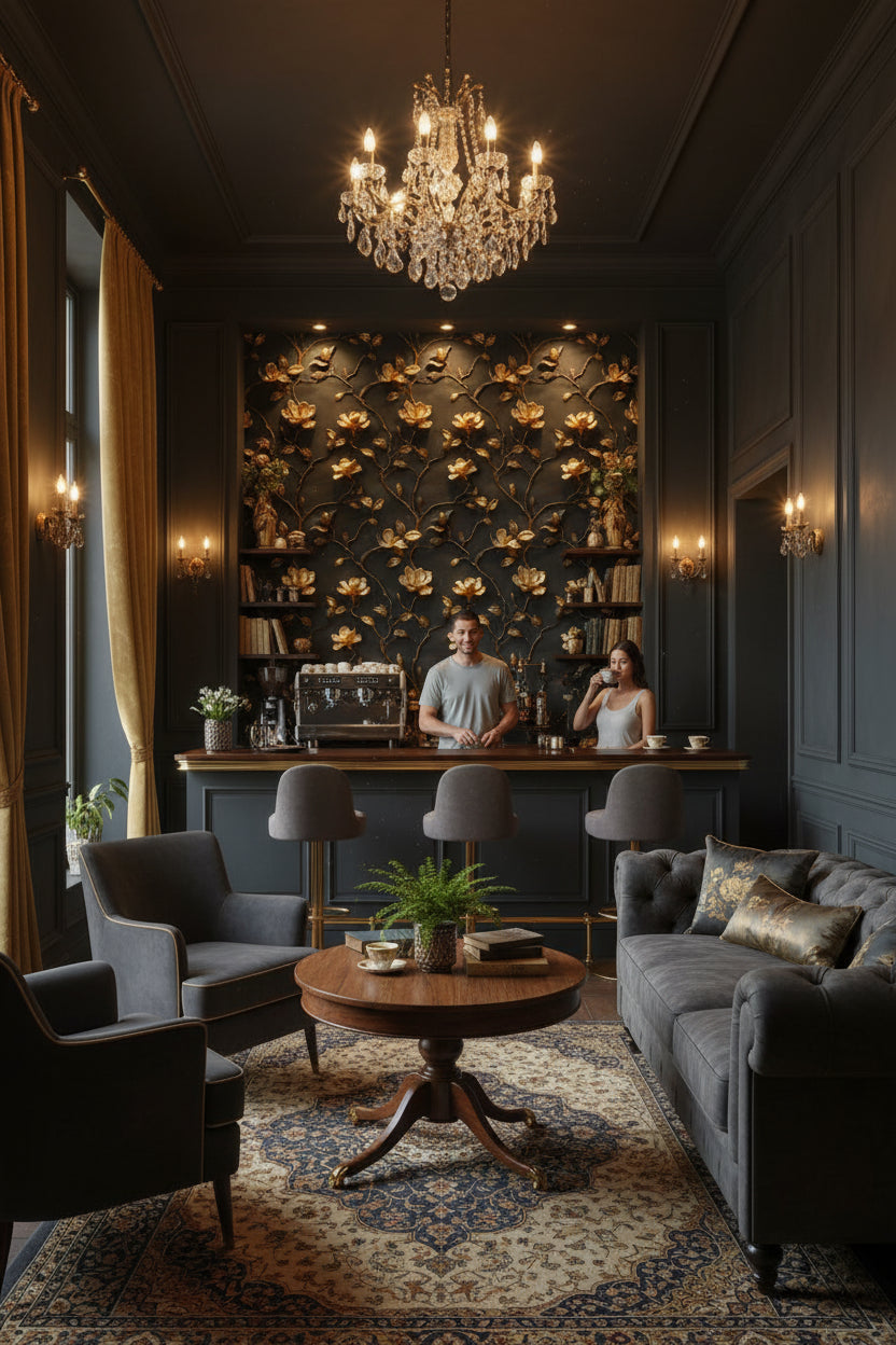 Altın Çiçekli Duvar Kağıdı Lacivert Kabartma Desen Salon