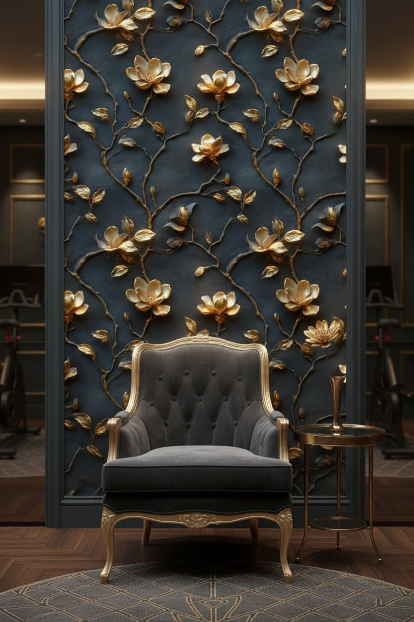 Altın Çiçekli Duvar Kağıdı Lacivert Kabartma Desen Salon