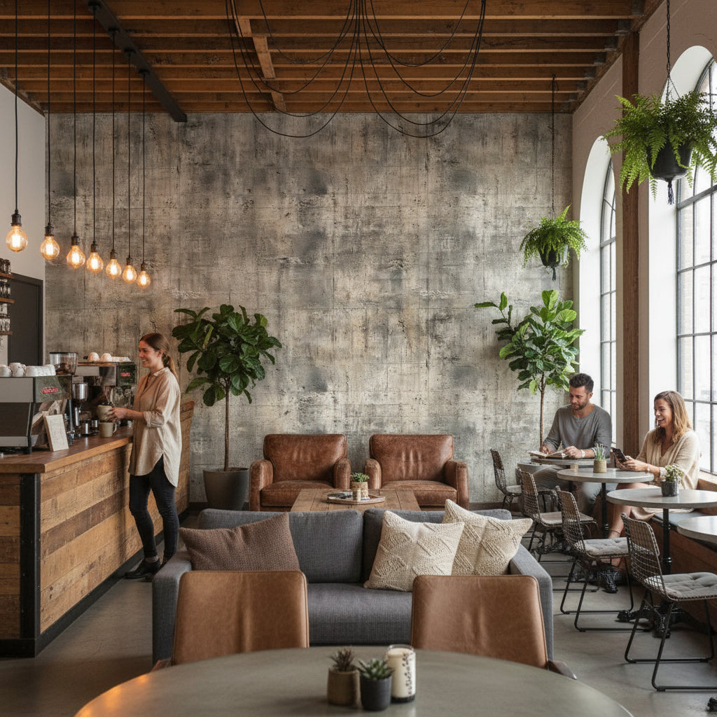 Beton Desenli Duvar Kağıdı Gri Endüstriyel Modern Salon