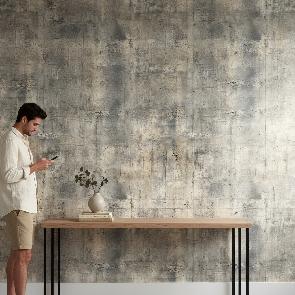 Beton Desenli Duvar Kağıdı Gri Endüstriyel Modern Salon