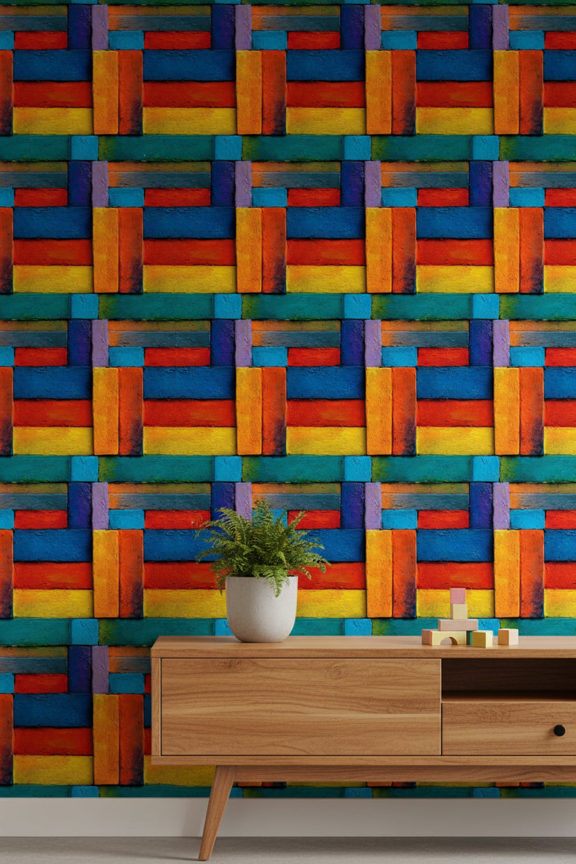 Renkli Geometrik Blok Desenli Duvar Kağıdı Modern Salon