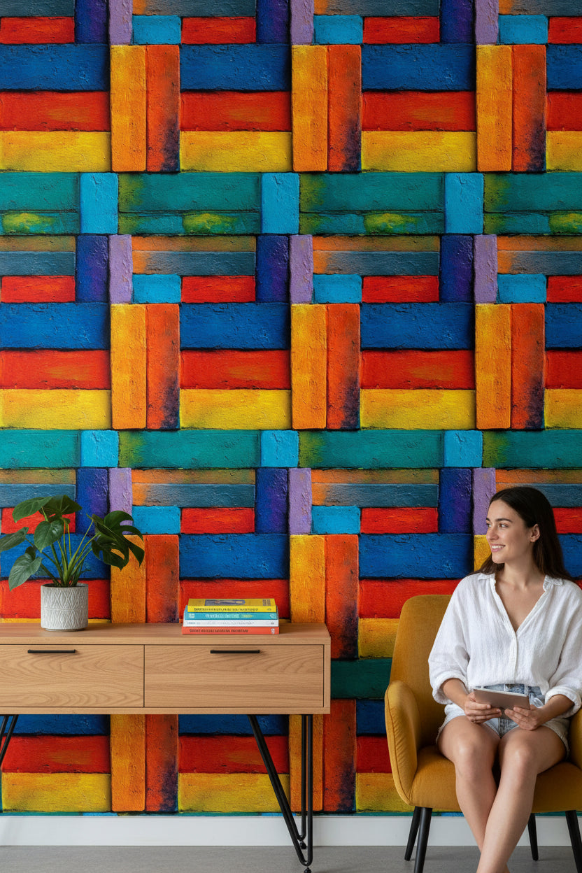 Renkli Geometrik Blok Desenli Duvar Kağıdı Modern Salon