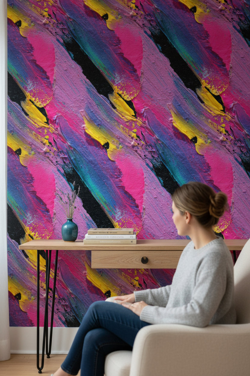 Renkli Soyut Fırça Desenli Duvar Kağıdı Modern Salon