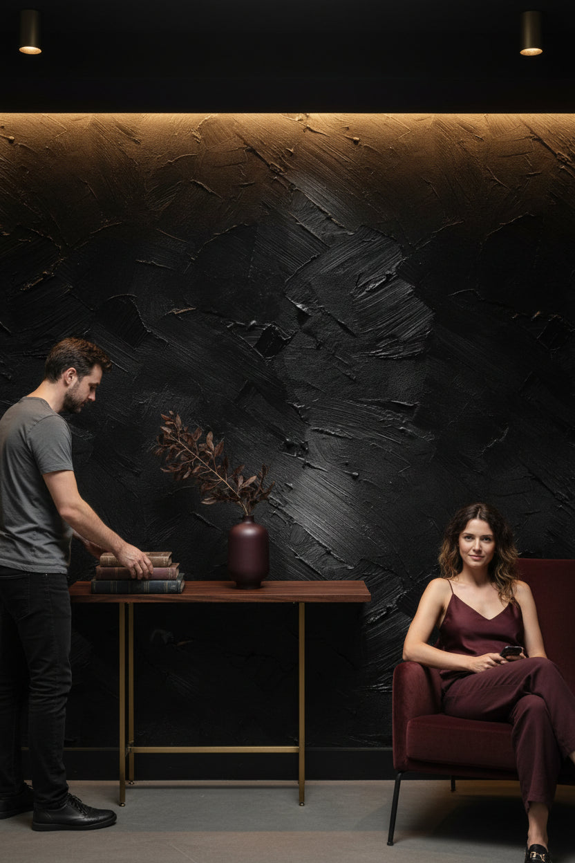 Siyah Desenli Sıva Efektli Duvar Kağıdı Modern Salon