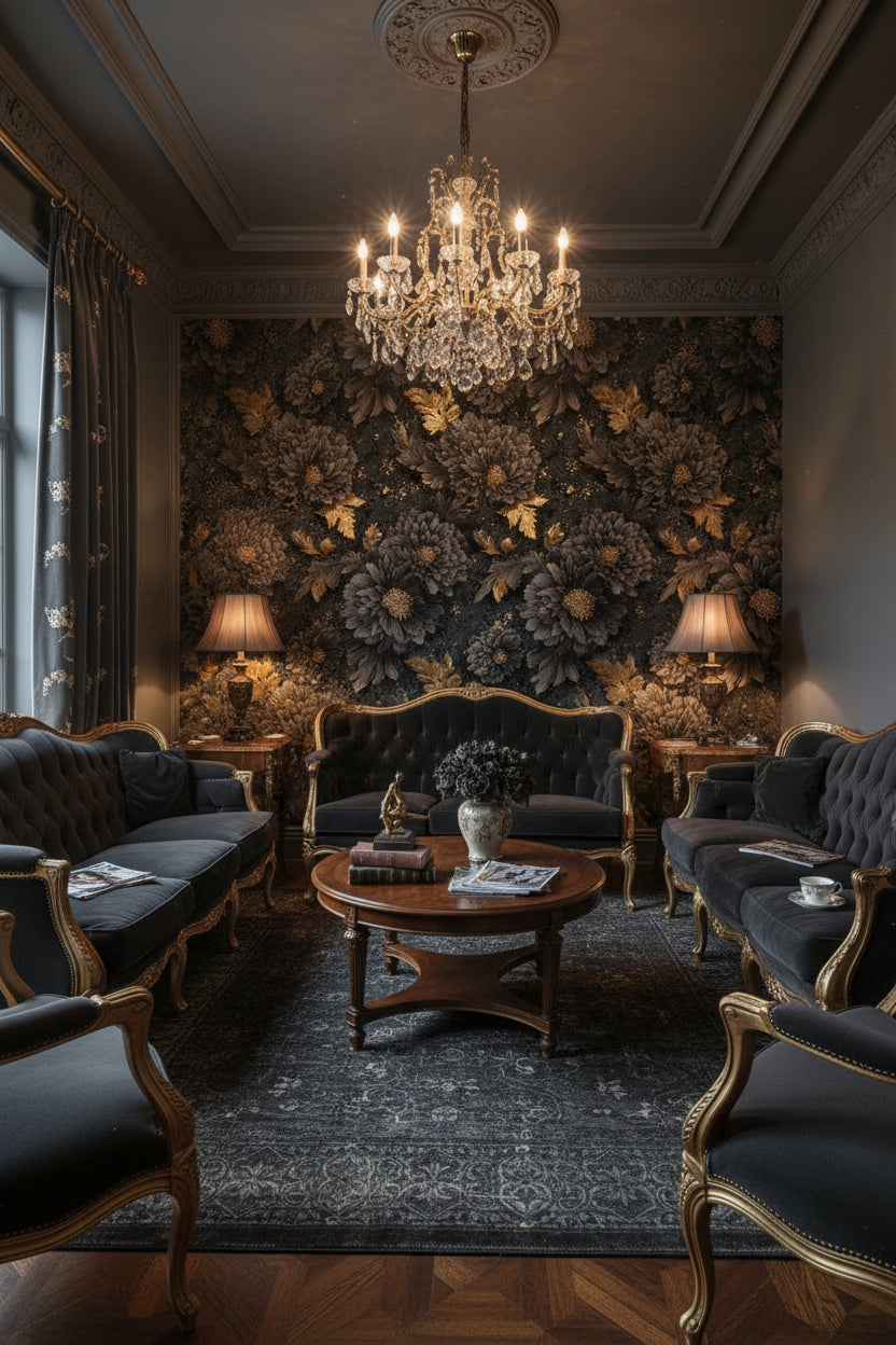 Siyah Altın Çiçekli Duvar Kağıdı Klasik Salon Deseni