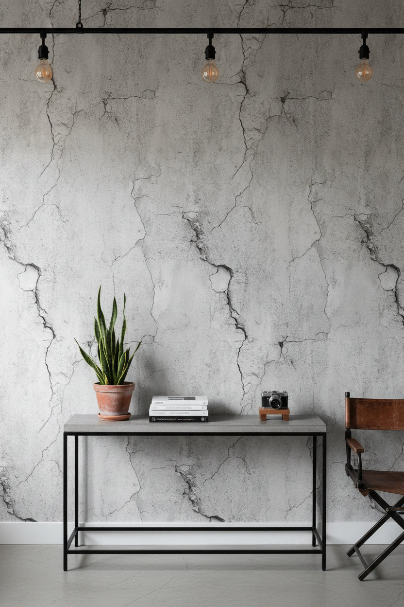 Beton Desenli Duvar Kağıdı Açık Gri Endüstriyel Salon