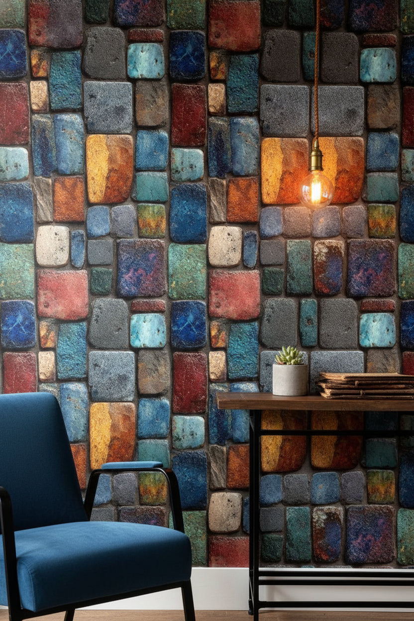Renkli Taş Duvar Desenli Duvar Kağıdı Modern Salon
