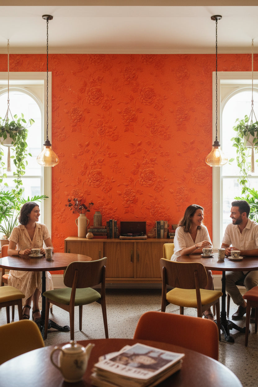 Kabartmalı Gül Desenli Duvar Kağıdı Terracotta Salon Dekoru