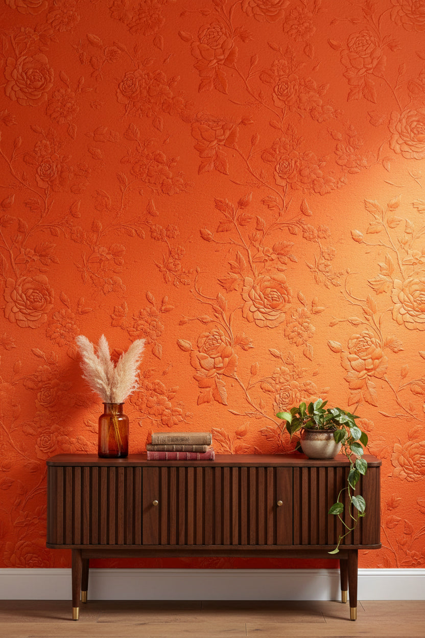 Kabartmalı Gül Desenli Duvar Kağıdı Terracotta Salon Dekoru