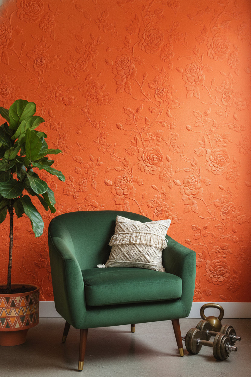 Kabartmalı Gül Desenli Duvar Kağıdı Terracotta Salon Dekoru