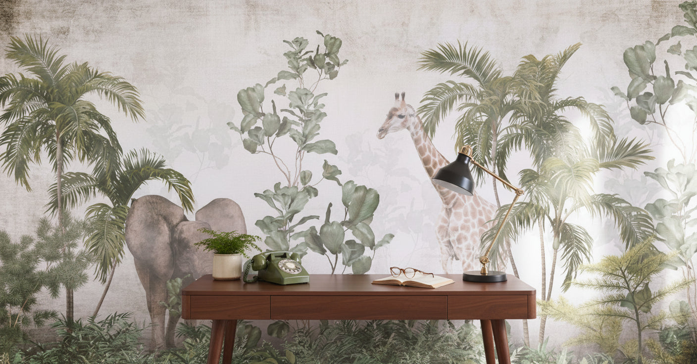 Tropikal Safari Poster Duvar Kağıdı Fil Zürafa Palmiye Desenli