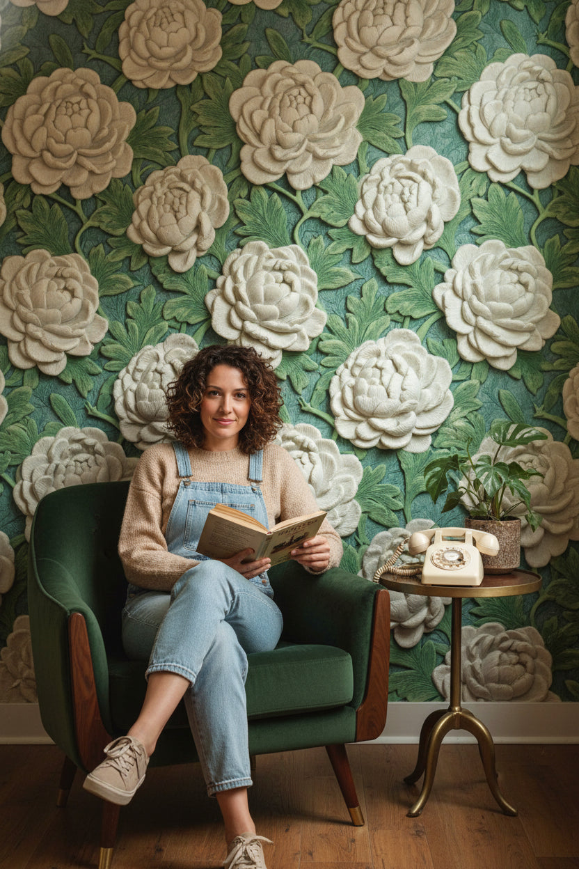 Kabartma Çiçek Desenli Duvar Kağıdı Yeşil Yapraklı Salon