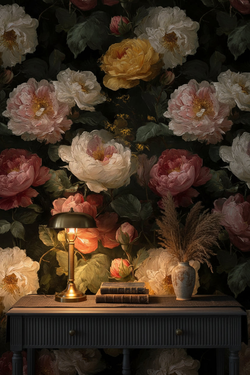 Koyu Zeminli Şakayık Desenli Duvar Kağıdı Vintage Çiçekli