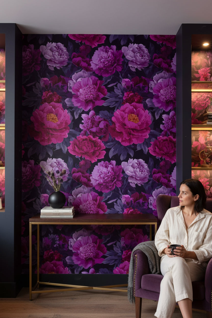 Mor Şakayık Desenli Duvar Kağıdı Koyu Zemin Salon