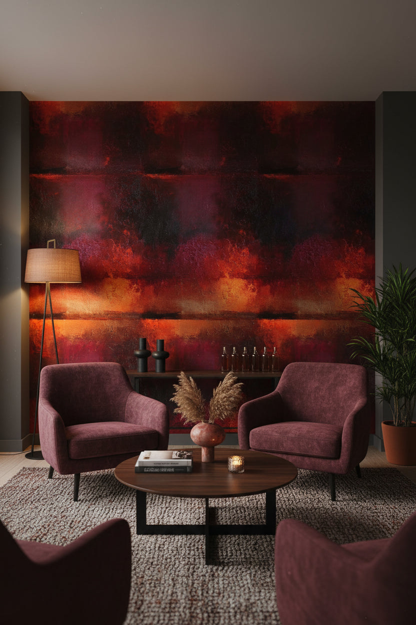 Soyut Renk Geçişli Duvar Kağıdı Bordo Turuncu Salon