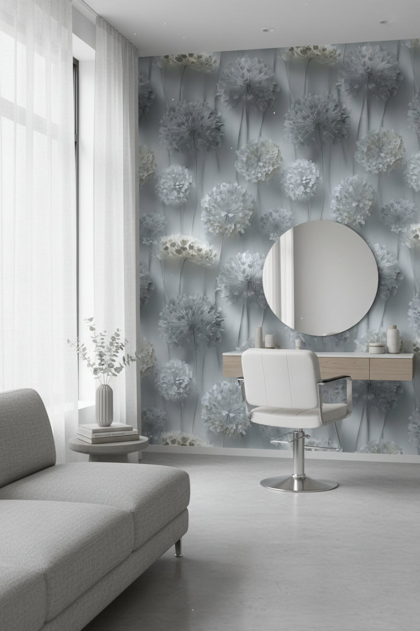 Gri Tonlu Karahindiba Çiçekli Duvar Kağıdı Modern Salon