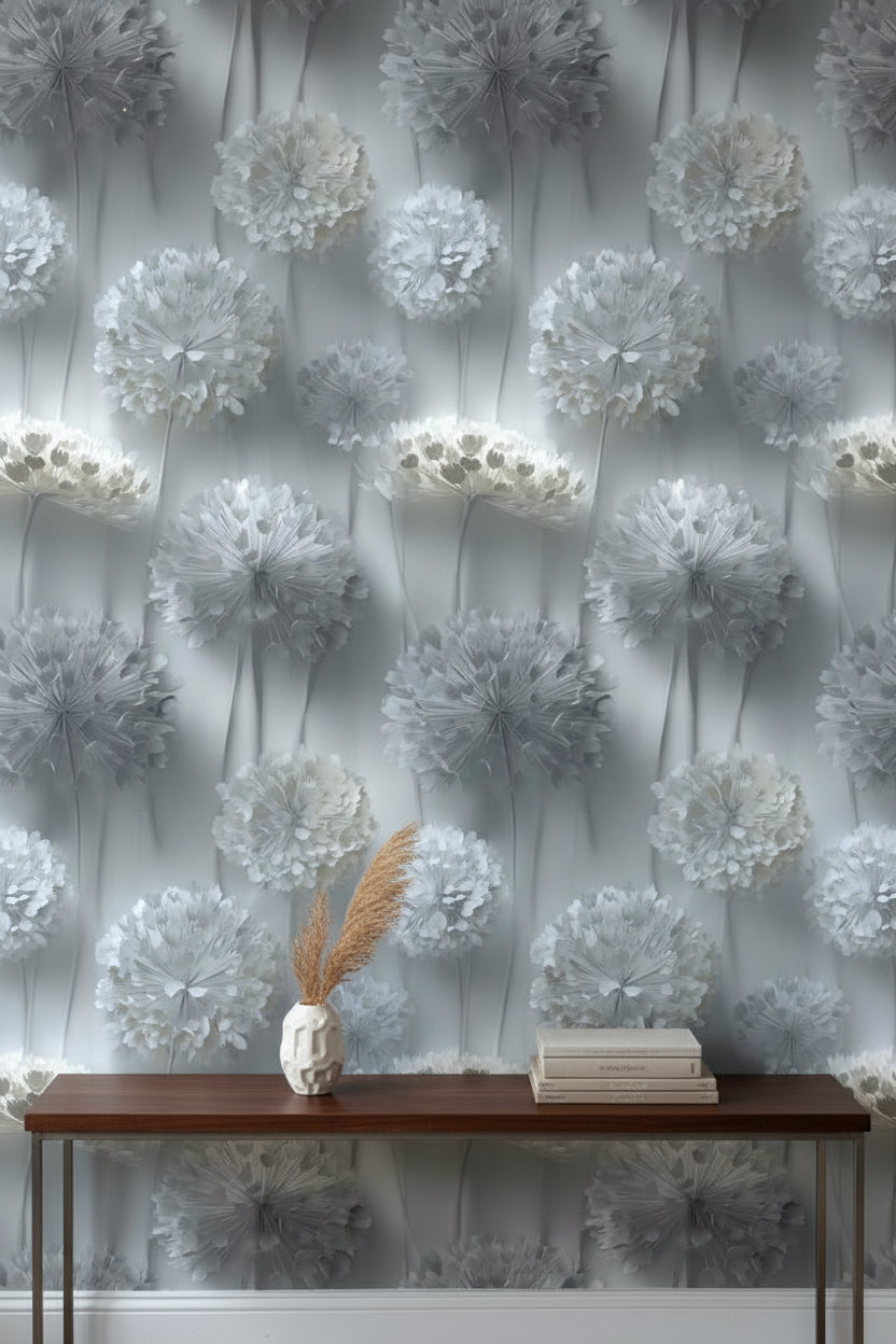 Gri Tonlu Karahindiba Çiçekli Duvar Kağıdı Modern Salon