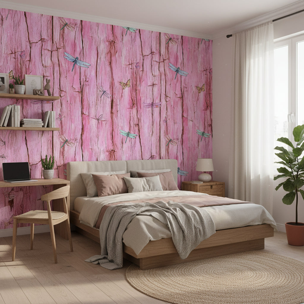 Yusufçuk Desenli Duvar Kağıdı Pembe Ahşap Desenli Salon