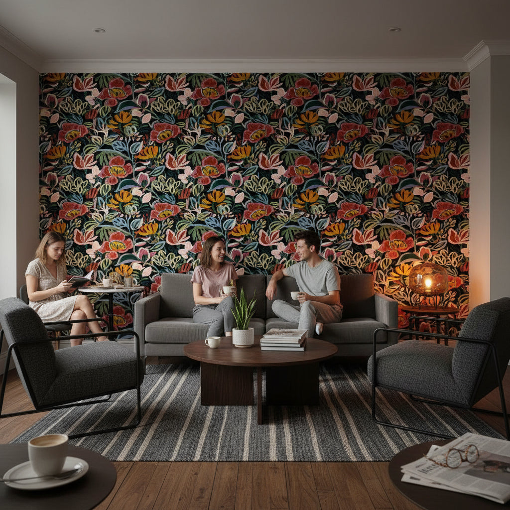 Renkli Çiçek Desenli Duvar Kağıdı Siyah Zemin Salon