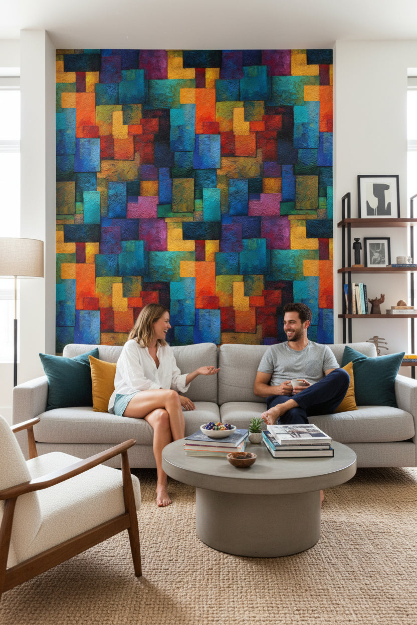 Renkli Geometrik Duvar Kağıdı Modern Mozaik Desen Salon