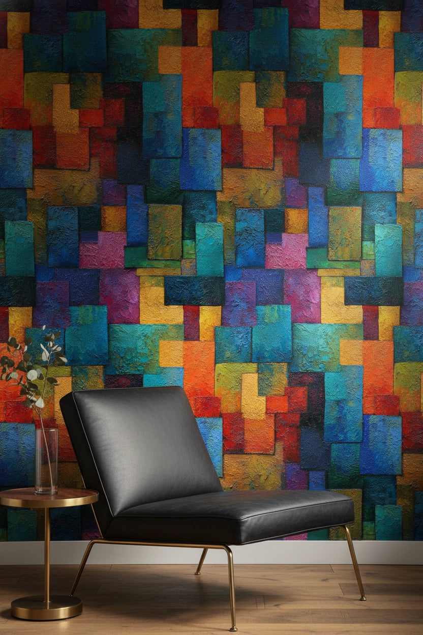 Renkli Geometrik Duvar Kağıdı Modern Mozaik Desen Salon