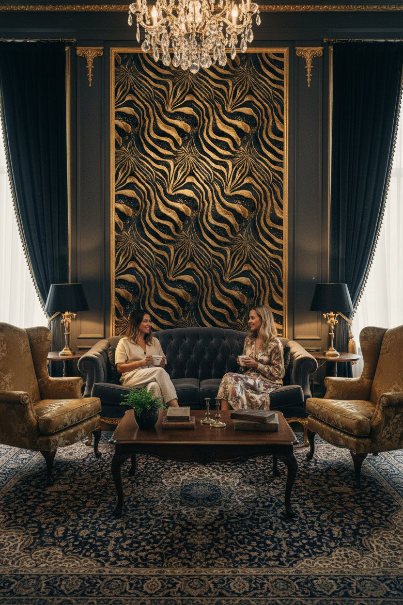 Zebra Desenli Duvar Kağıdı Lacivert Altın Art Deco