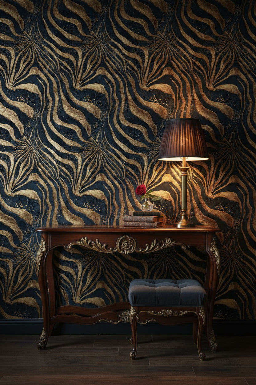 Zebra Desenli Duvar Kağıdı Lacivert Altın Art Deco