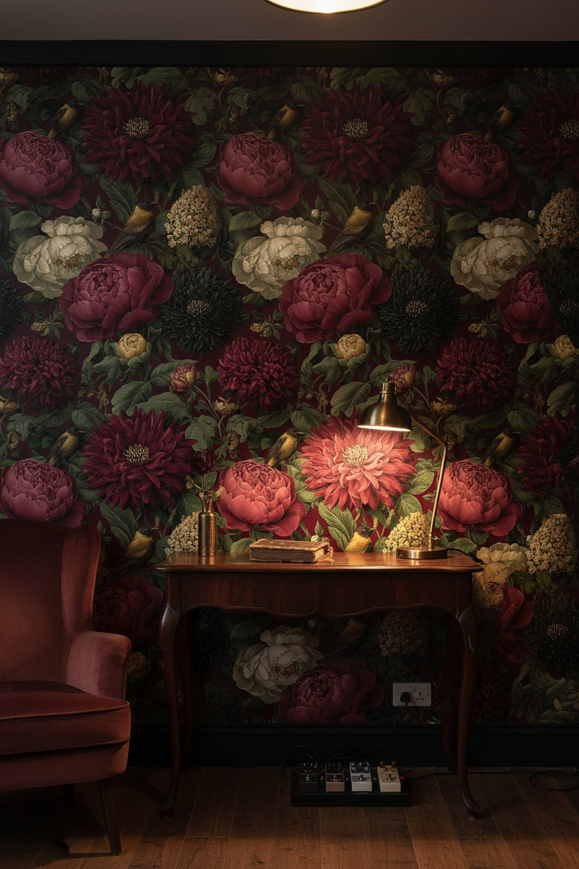 Bordo Zeminli Vintage Çiçekli Duvar Kağıdı Kuş Detaylı
