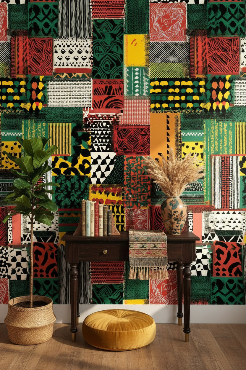 Etnik Patchwork Duvar Kağıdı Yeşil Kırmızı Desenli Salon