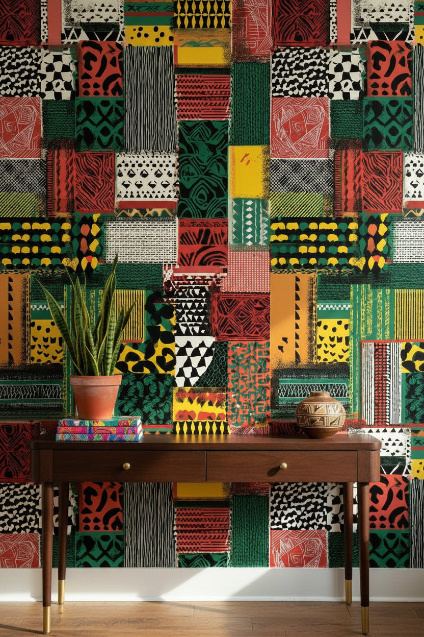 Etnik Patchwork Duvar Kağıdı Yeşil Kırmızı Desenli Salon