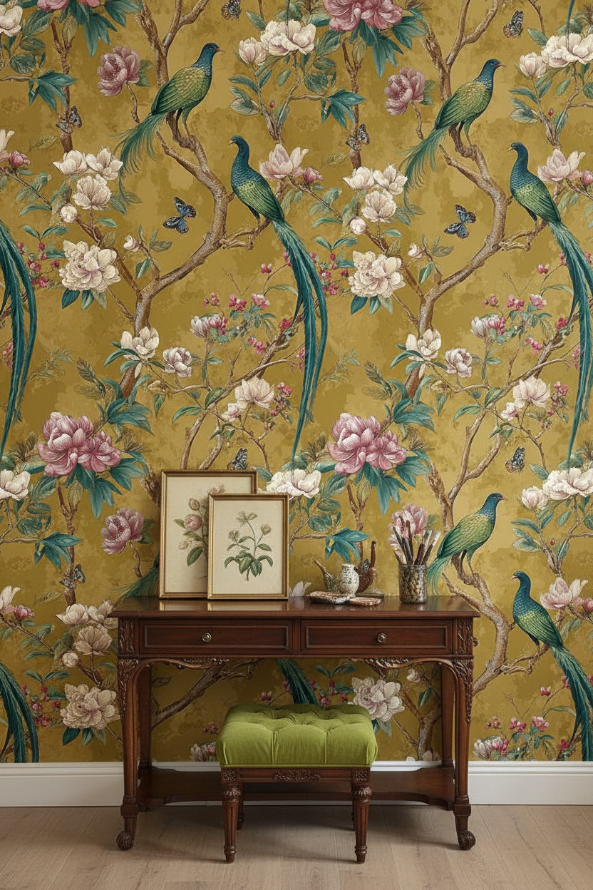 Tavus Kuşlu Çiçek Desenli Duvar Kağıdı Hardal Zemin