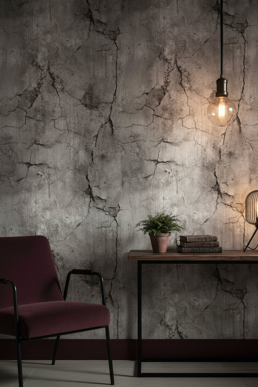 Çatlak Beton Desenli Duvar Kağıdı Gri Endüstriyel Salon