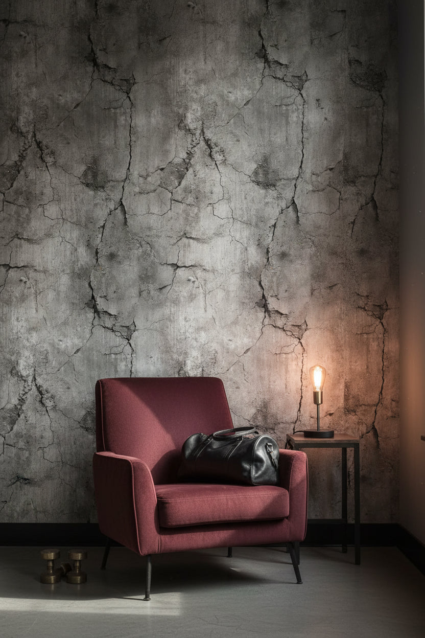 Çatlak Beton Desenli Duvar Kağıdı Gri Endüstriyel Salon