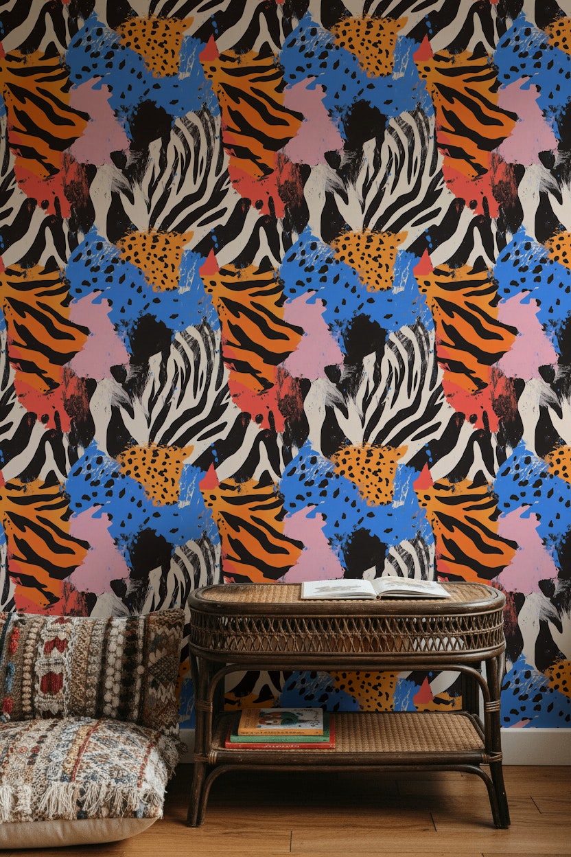 Renkli Zebra Desenli Duvar Kağıdı Modern Hayvan Teması