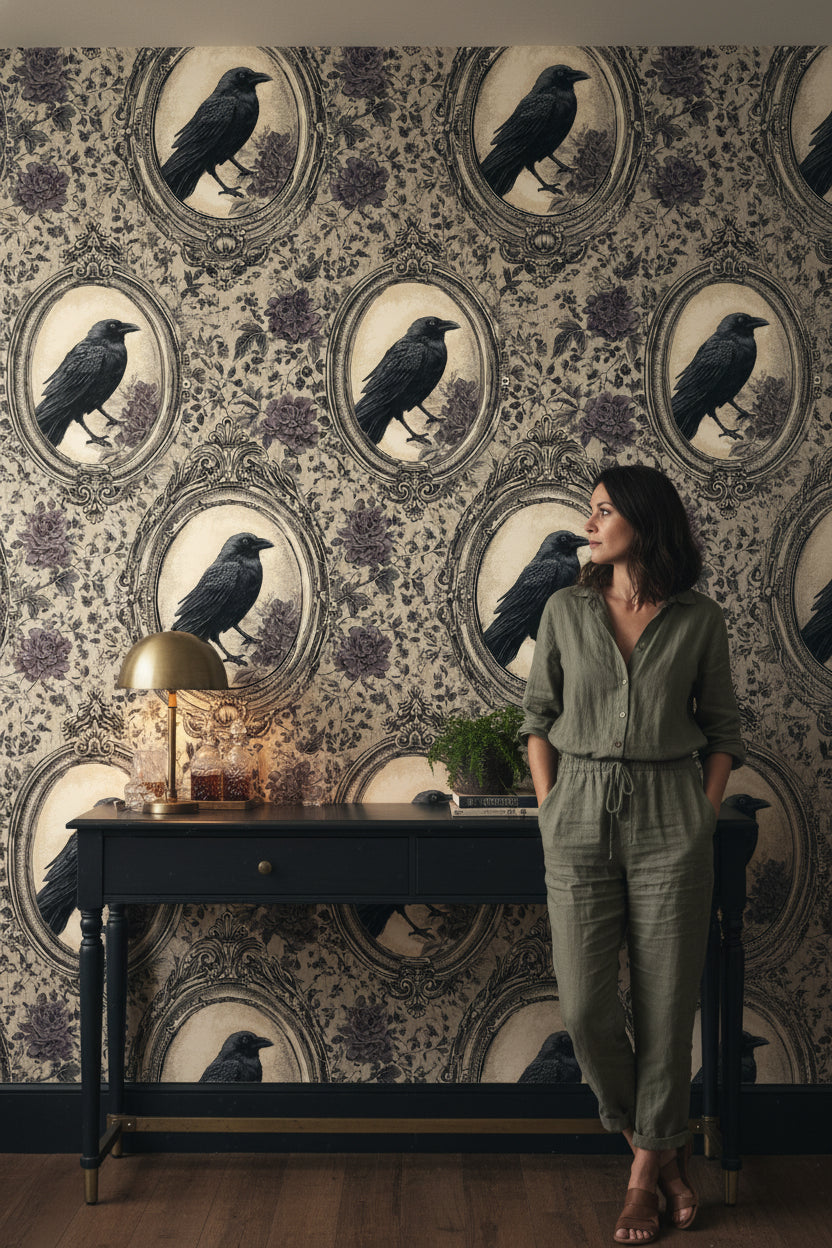 Çerçeveli Kargalı Duvar Kağıdı Vintage Çiçek Desenli Salon
