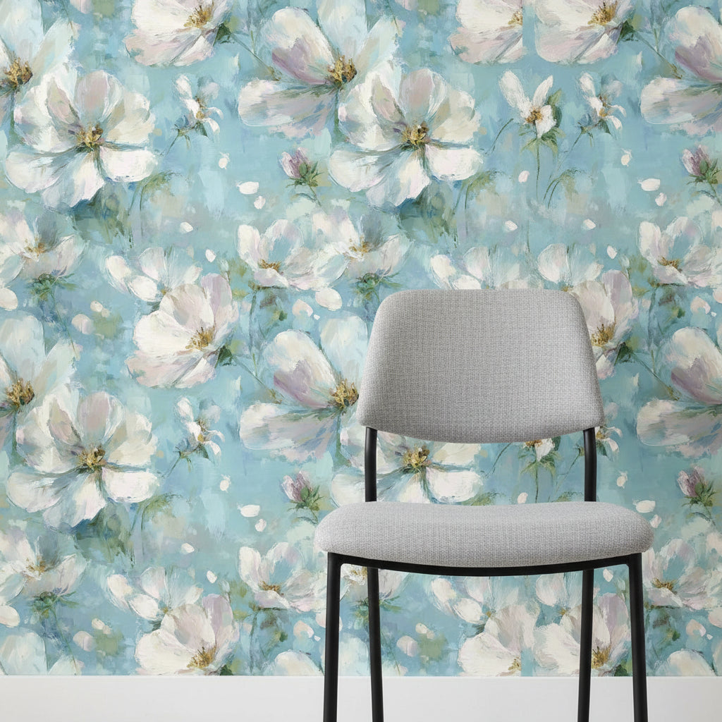 Sulu Boya Çiçekli Duvar Kağıdı Mavi Zemin Beyaz Desenli