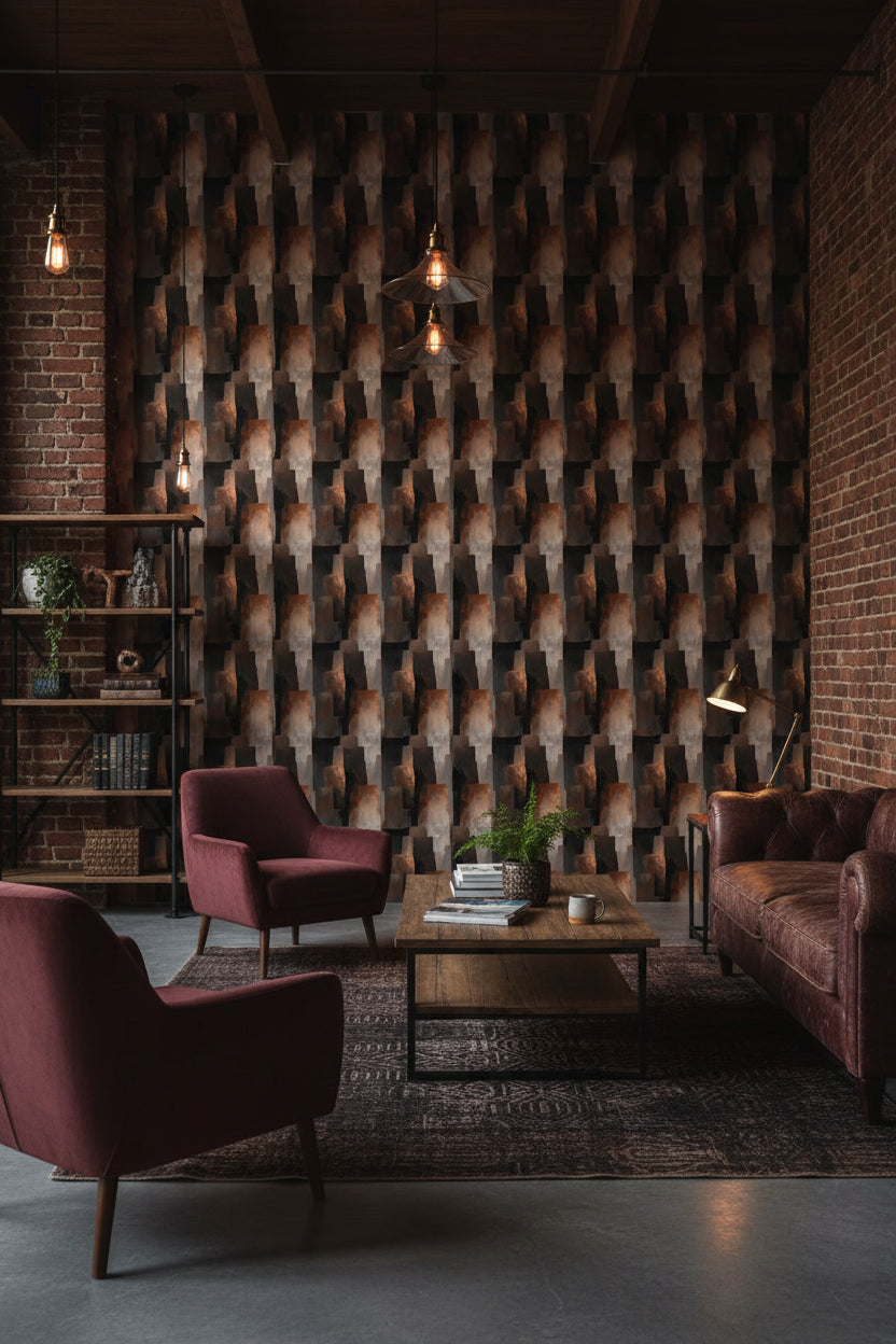 Soyut Geometrik Duvar Kağıdı Siyah Kahverengi Modern Salon