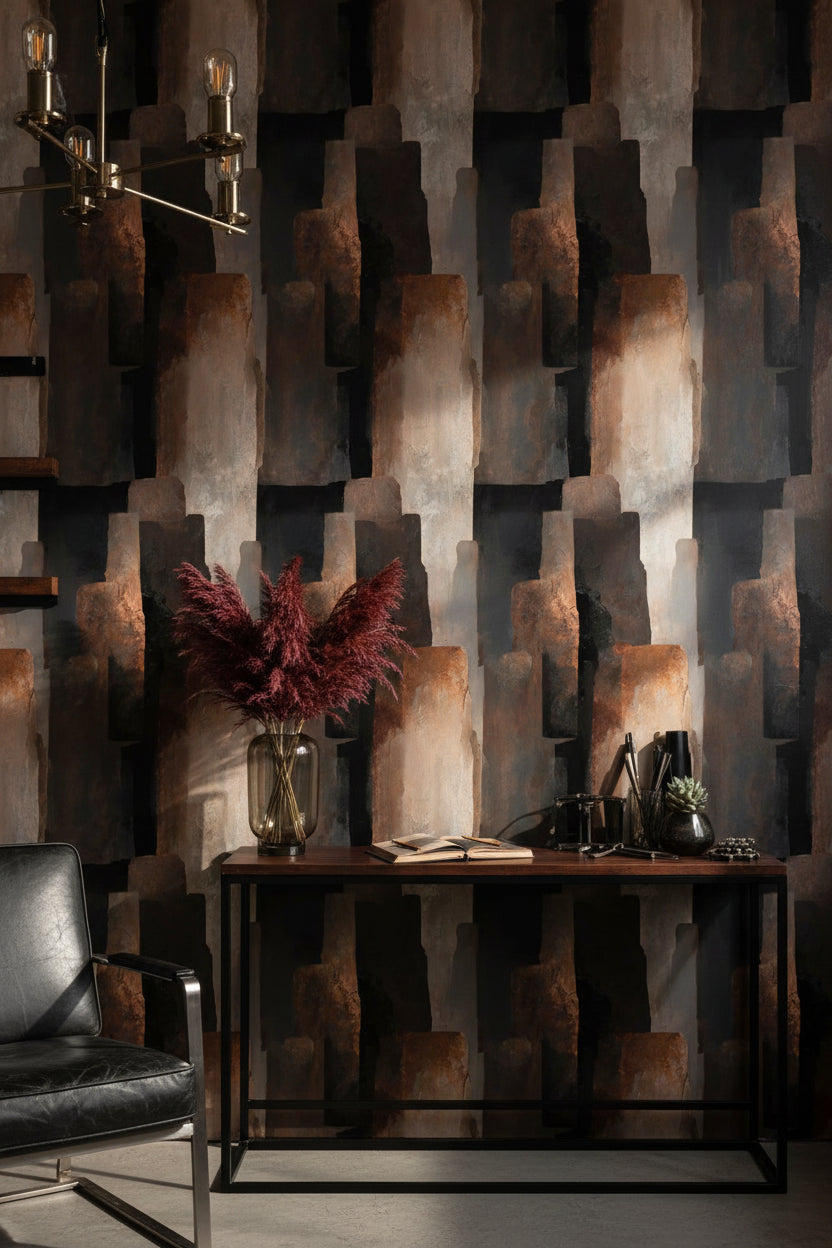 Soyut Geometrik Duvar Kağıdı Siyah Kahverengi Modern Salon