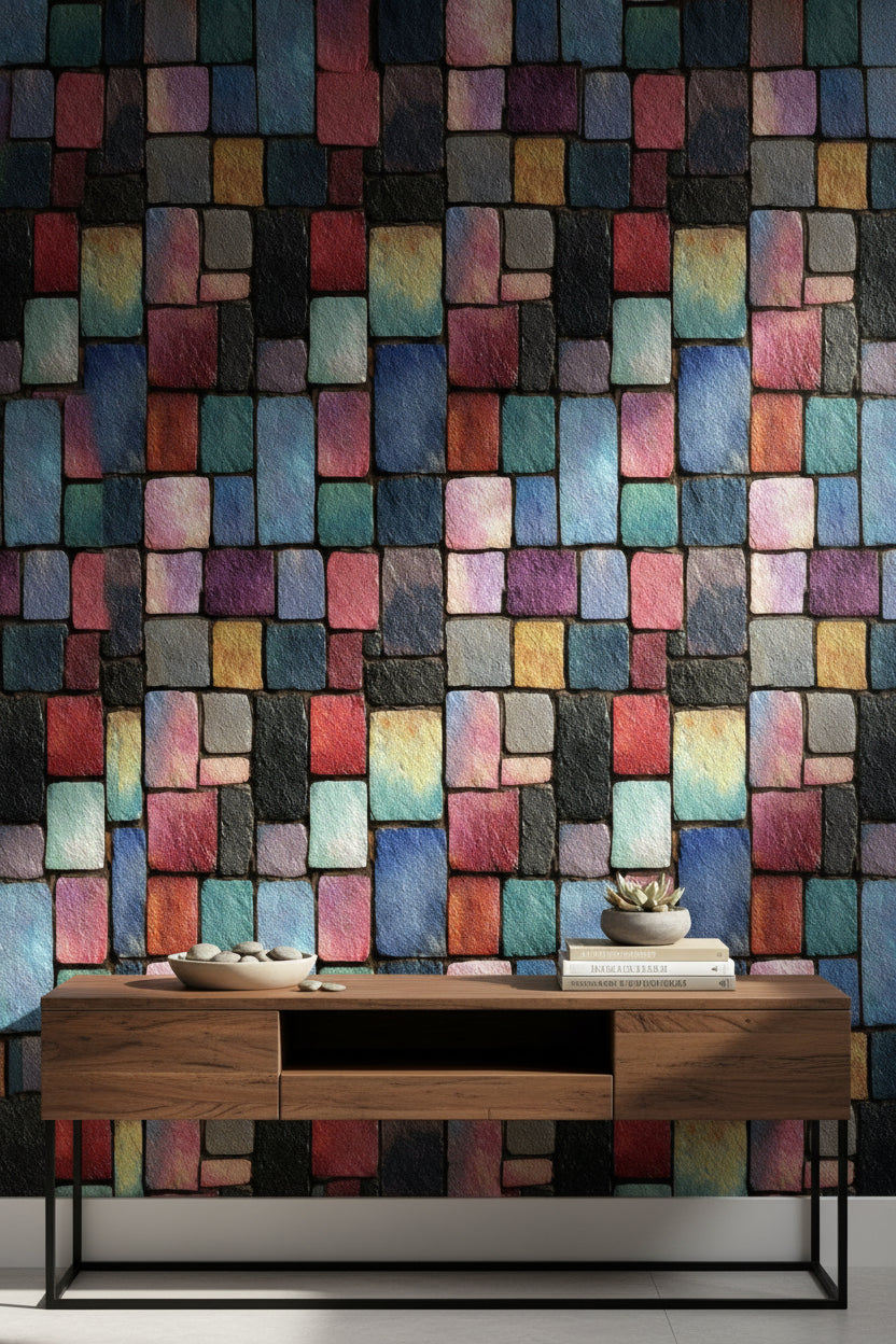 Renkli Mozaik Taş Görünümlü Duvar Kağıdı Modern Salon