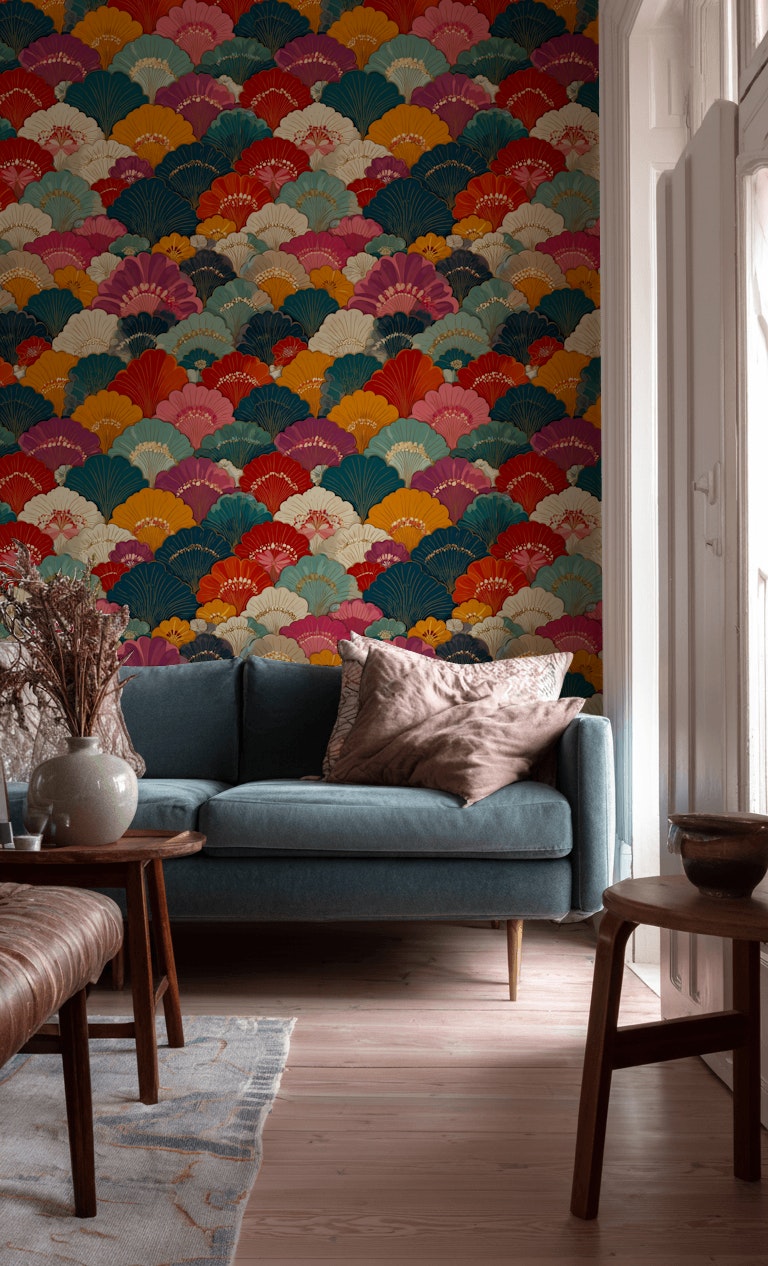 Art Deco Yelpaze Desenli Duvar Kağıdı Renkli Retro Salon