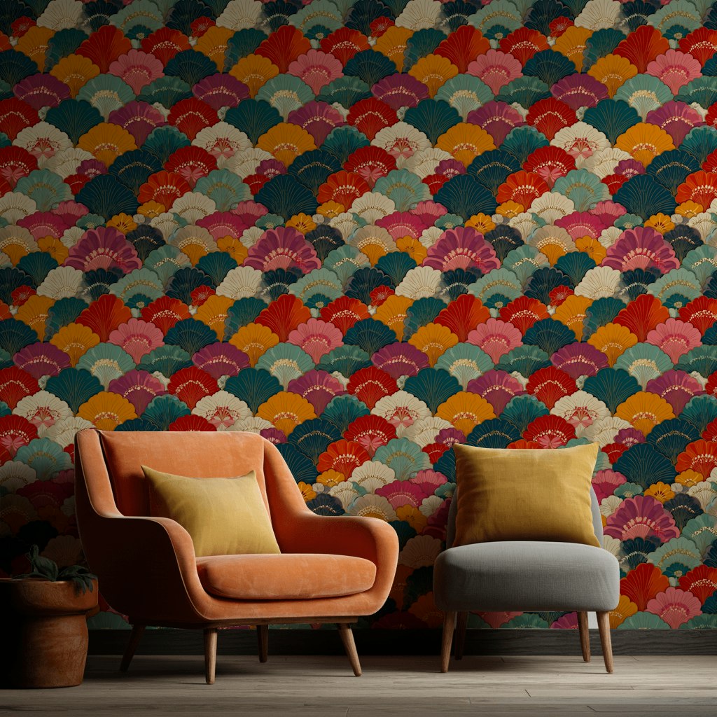 Art Deco Yelpaze Desenli Duvar Kağıdı Renkli Retro Salon