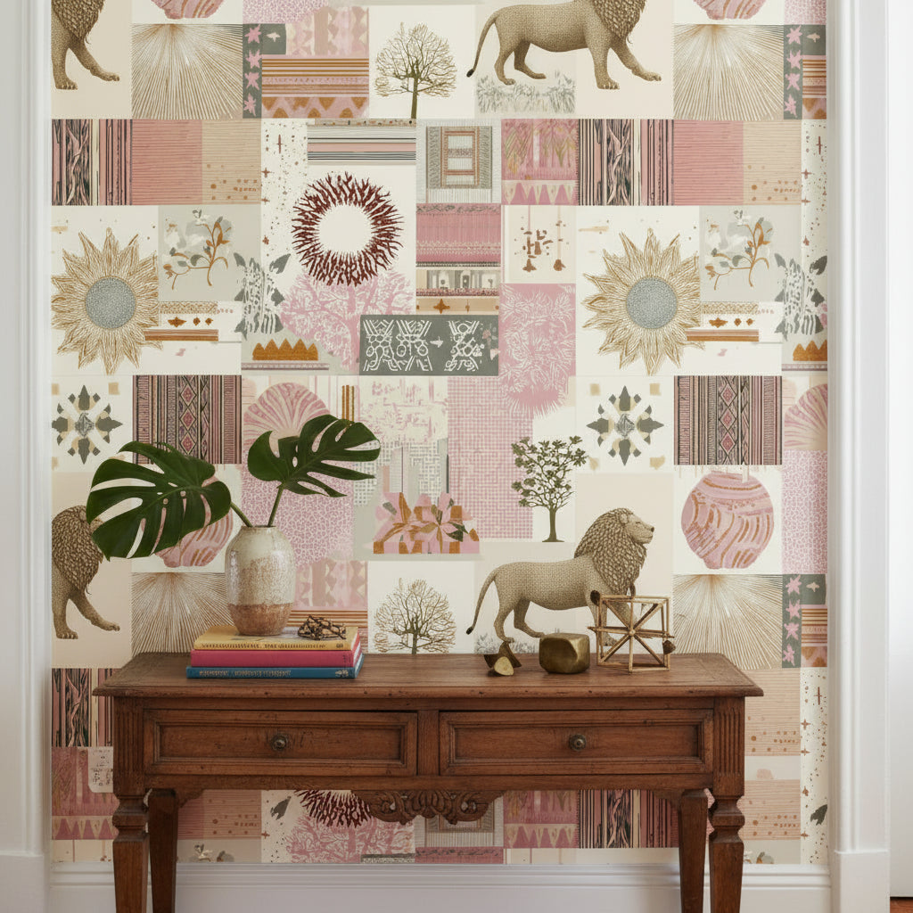 Aslanlı Patchwork Duvar Kağıdı Bej Pudra Salon Duvar Dekoru