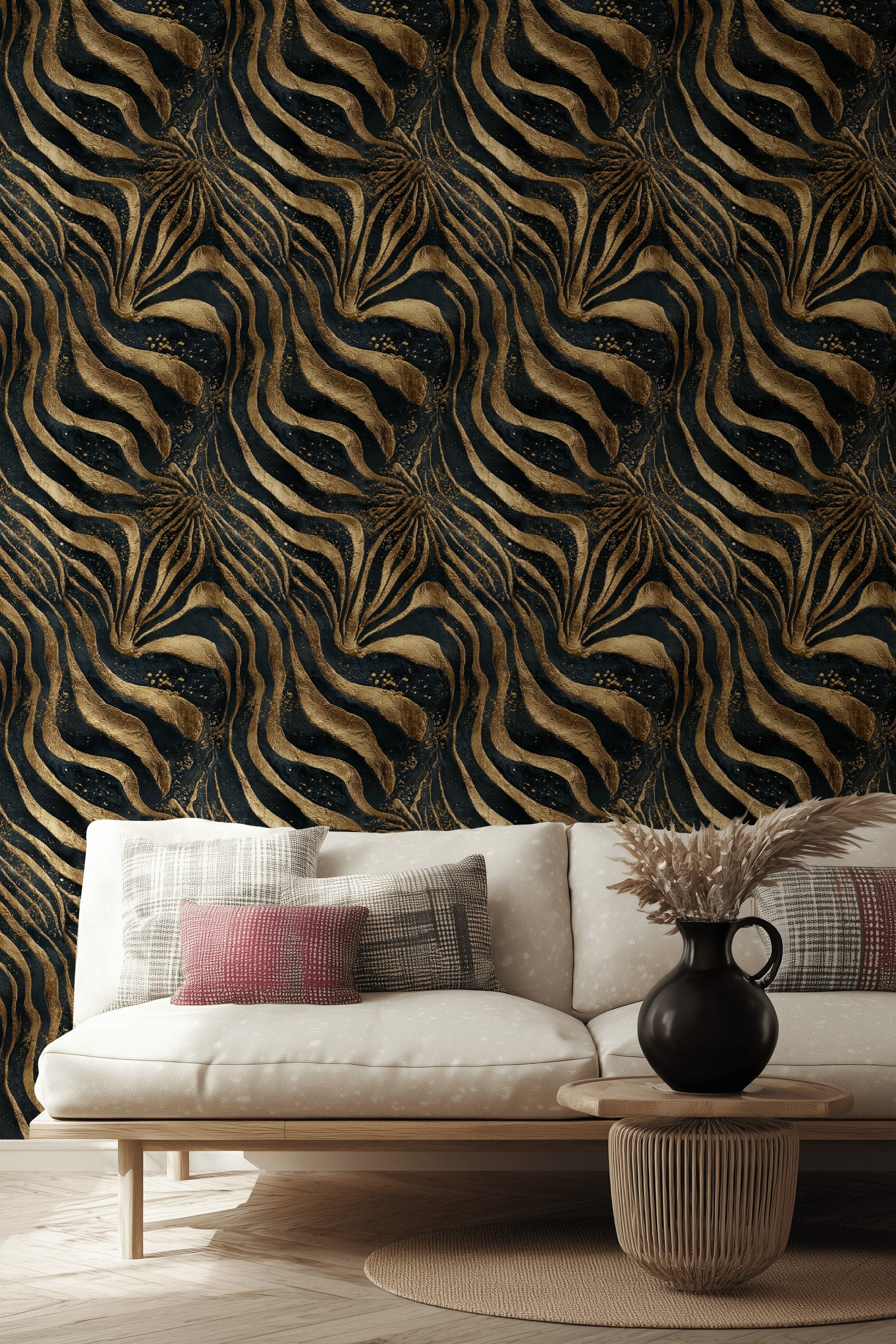Zebra Desenli Duvar Kağıdı Lacivert Altın Art Deco