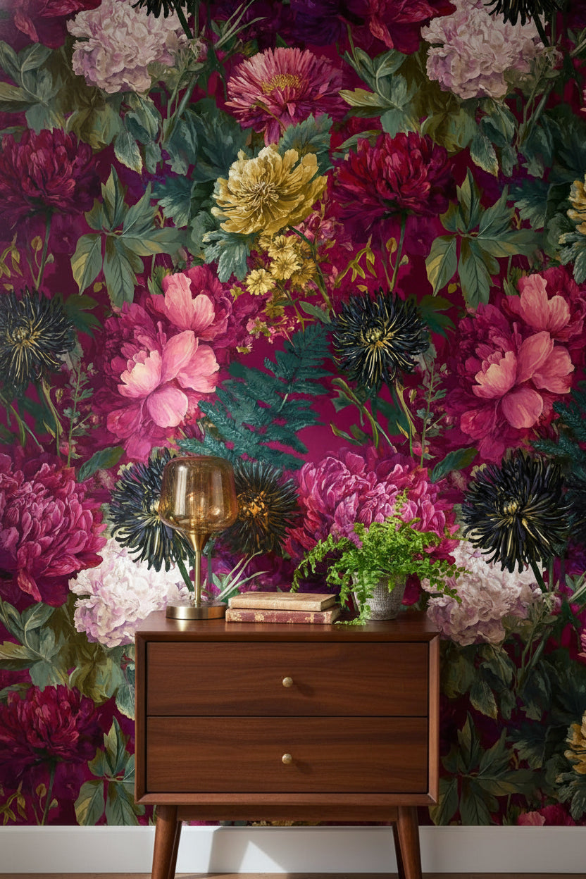 Bordo Zemin Büyük Çiçekli Duvar Kağıdı Salon Dekoru