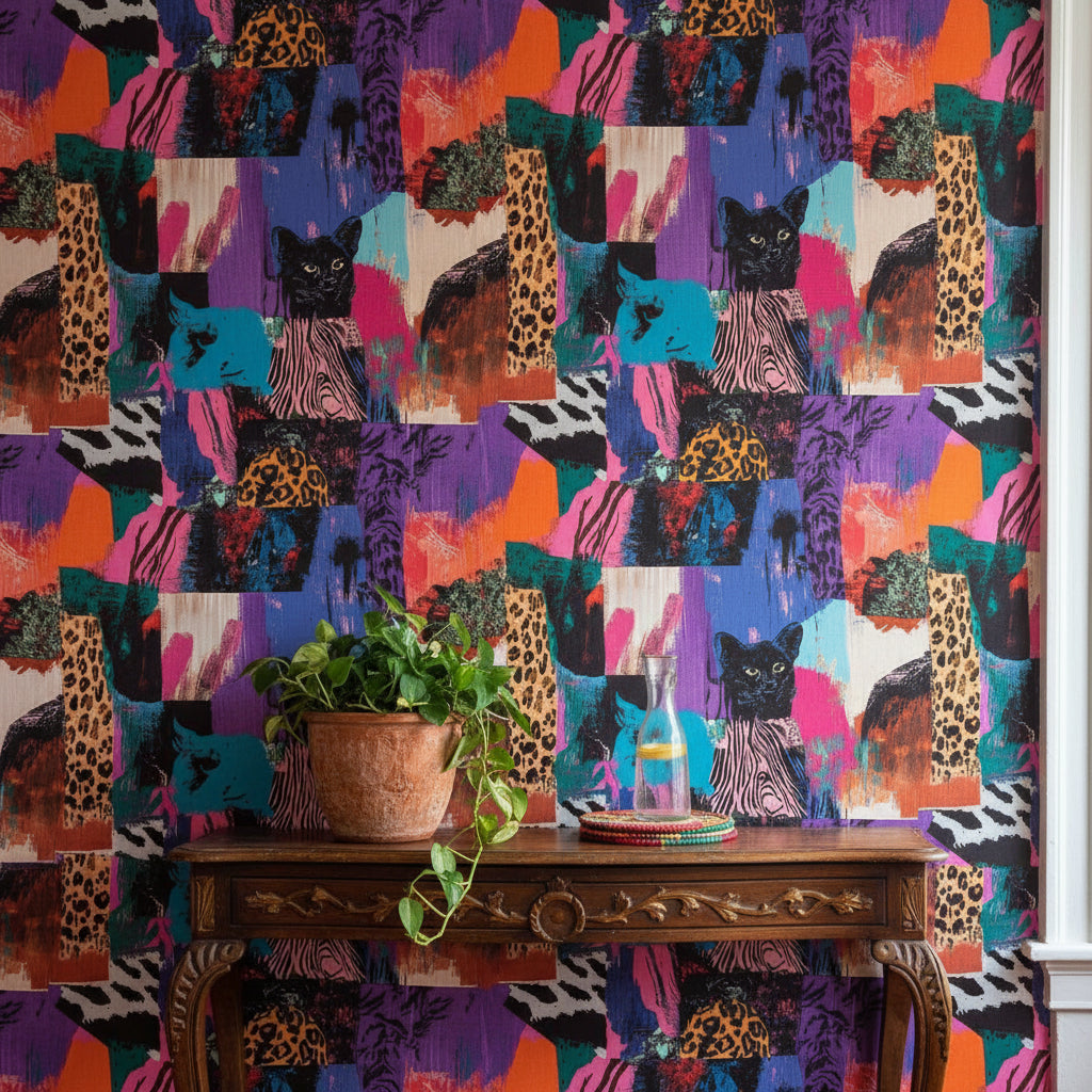 Renkli Pop Art Leopar Desenli Duvar Kağıdı Salon