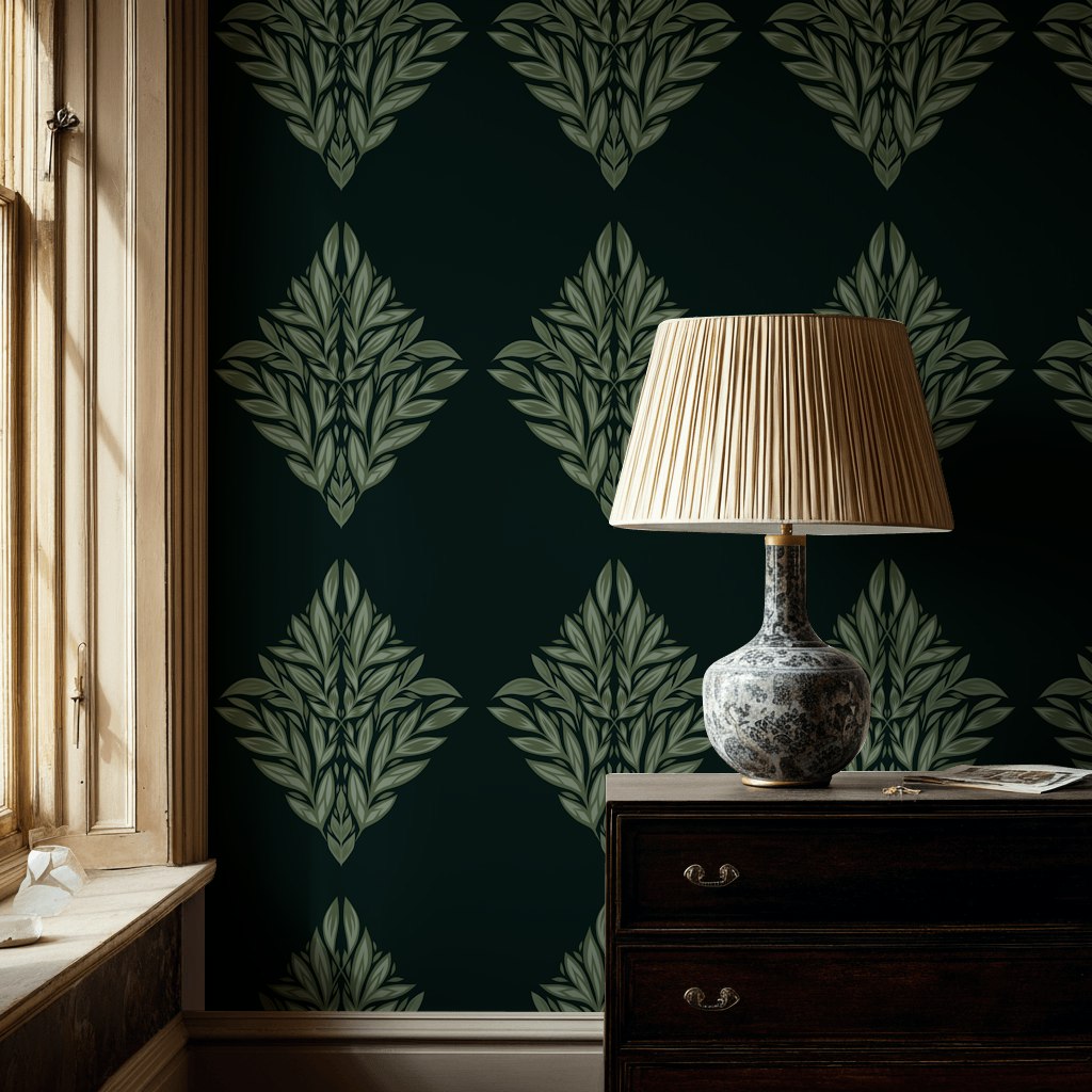 Art Deco Yaprak Motifli Duvar Kağıdı Koyu Yeşil Desenli