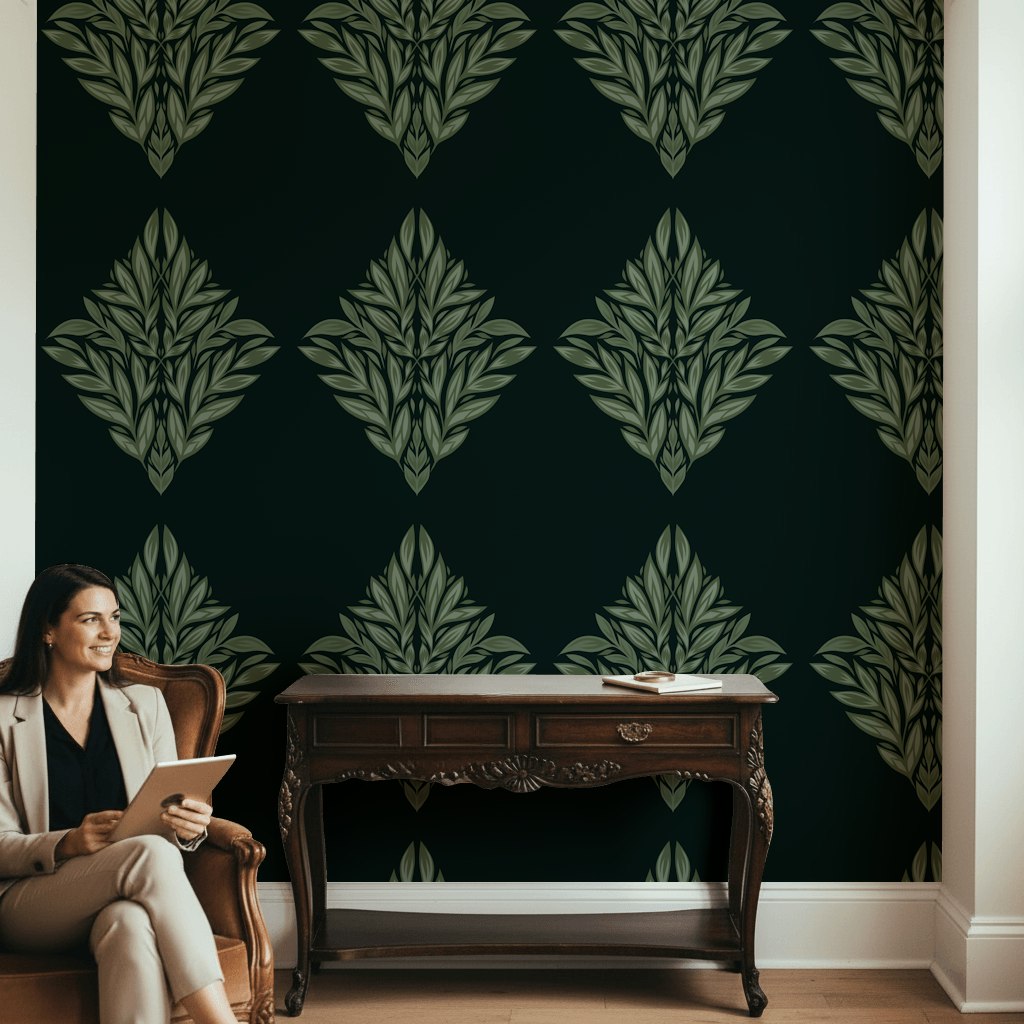 Art Deco Yaprak Motifli Duvar Kağıdı Koyu Yeşil Desenli