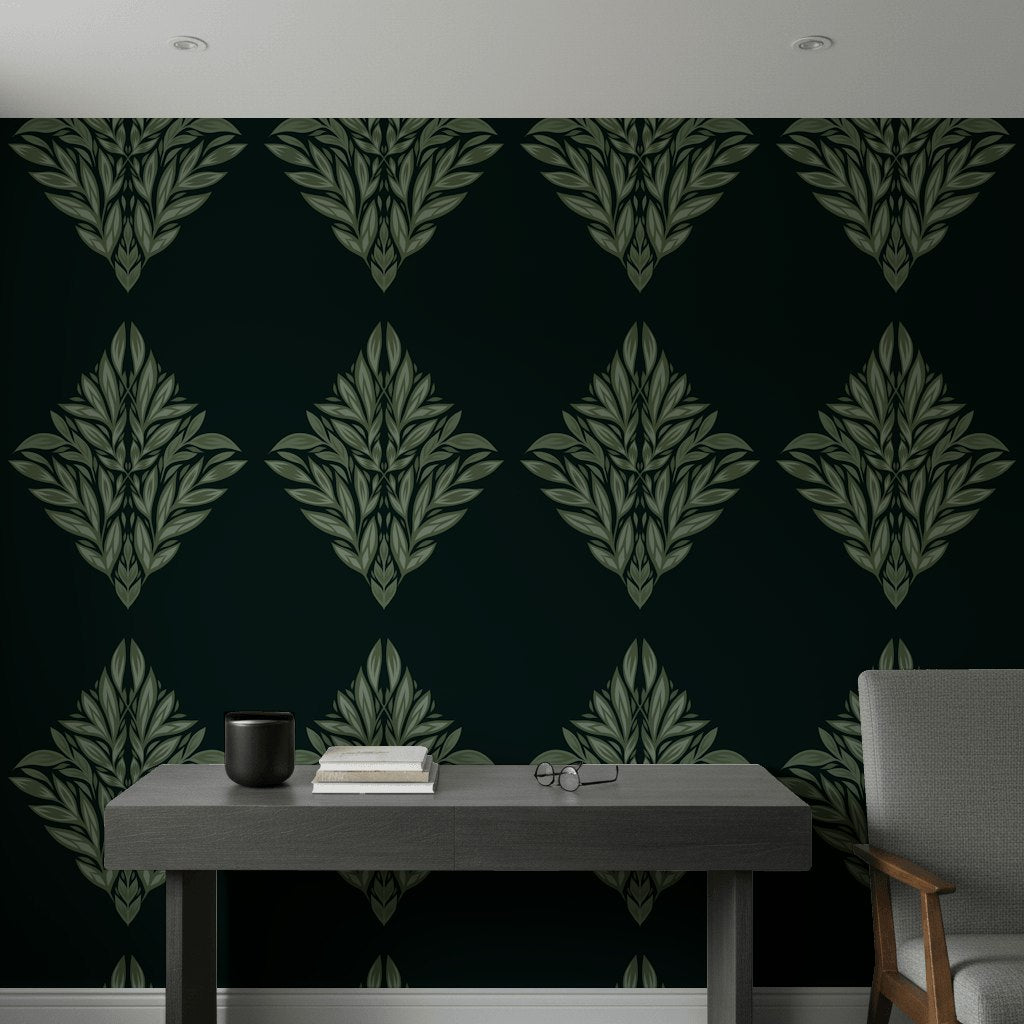 Art Deco Yaprak Motifli Duvar Kağıdı Koyu Yeşil Desenli